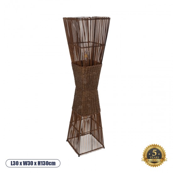 GloboStar® PALMA 02275 Boho Επιδαπέδιο Φωτιστικό Δίφωτο 2 x E27 AC220-240V IP20 - Μ30 x Π30 x Υ130cm - Καφέ Ξύλινο Μπαμπού Πλέγμα - 5 Χρόνια Εγγύηση