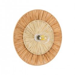 GloboStar® COLOMBO 02278 Boho Φωτιστικό Τοίχου - Απλίκα Μονόφωτο 1 x E27 AC 220-240V IP20 - Φ40 x Υ4.5cm - Μπεζ με Μπεζ Καφέ Φυσική Ράφια Άχυρο Πλέγμα - 5 Χρόνια Εγγύηση