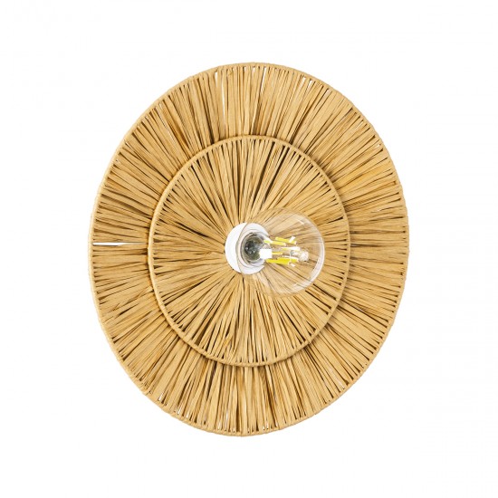 GloboStar® COLOMBO 02284 Boho Φωτιστικό Τοίχου - Απλίκα Μονόφωτο 1 x E27 AC 220-240V IP20 - Φ40 x Υ4.5cm - Μπεζ Καφέ Φυσική Ράφια Άχυρο Πλέγμα - 5 Χρόνια Εγγύηση