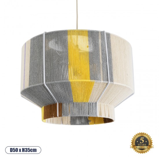 GloboStar® SALERNO 02290 Boho Κρεμαστό Φωτιστικό Οροφής Μονόφωτο 1 x E27 AC220-240V IP20 - Φ50 x Υ35cm - Γρι με Κίτρινο και Μπεζ - Καφέ με Μωβ Λεπτομέρεια Λεπτό Νήμα Πλέγμα Βαμβακερό Καπέλο - 5 Χρόνια Εγγύηση