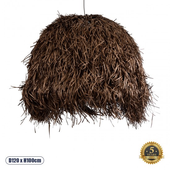 GloboStar® GUADELOUPE 02295 Boho Κρεμαστό Φωτιστικό Οροφής Μονόφωτο 1 x E27 AC220-240V IP20 - Φ120 x Υ100cm - Καφέ Σκούρο Φυσική Ράφια Νήμα Πλέγμα Καμπάνα - 5 Χρόνια Εγγύηση