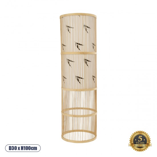 GloboStar® FALKLAND 02307 Boho Επιδαπέδιο Φωτιστικό Μονόφωτο 1 x E27 AC220-240V IP20 - Φ30 x Υ100cm - Λευκό Υφασμάτινο με Μάυρες Λεπτομέρειες και Μπεζ Ξύλινο Μπαμπού Πλέγμα - 5 Χρόνια Εγγύηση