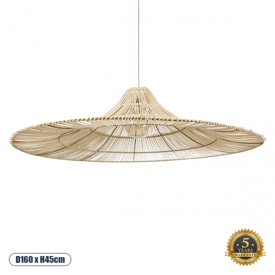 GloboStar® PALERMO 02311 Boho Κρεμαστό Φωτιστικό Οροφής Μονόφωτο 1 x E27 AC220-240V IP20 - Φ160 x Υ45cm - Μπεζ Ξύλινο Μπαμπού Πλέγμα - 5 Χρόνια Εγγύηση