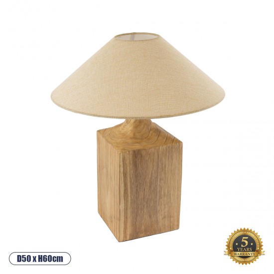 GloboStar® LAFRONTERA 02313 Boho Επιτραπέζιο Φωτιστικό Μονόφωτο 1 x E27 AC220-240V IP20 - Φ50 x Υ60cm - Μπεζ Ξύλινο Καμπάνα - 5 Χρόνια Εγγύηση