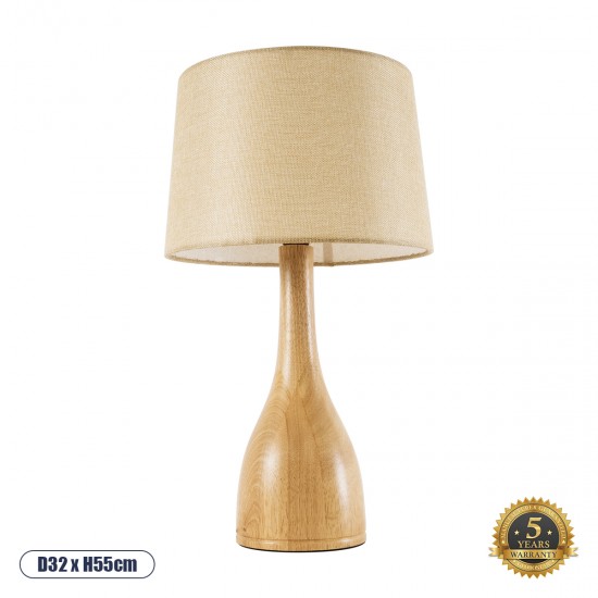GloboStar® BERKBAY 02319 Boho Επιτραπέζιο Φωτιστικό Μονόφωτο 1 x E27 AC220-240V IP20 - Φ32 x Υ55cm - Μπεζ Ξύλινο με Μπεζ Υφασμάτινο Καπέλο - 5 Χρόνια Εγγύηση