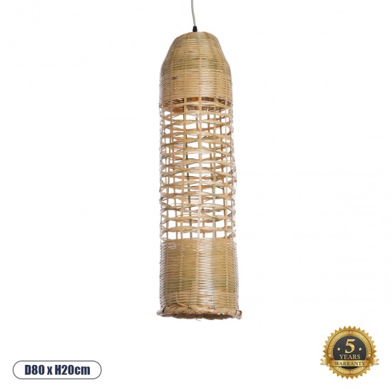 GloboStar® WAIKIKI 02350 Boho Κρεμαστό Φωτιστικό Οροφής Μονόφωτο 1 x E27 AC220-240V IP20 - Φ20 x Υ80cm - Μπεζ Ξύλινο Μπαμπού Πλέγμα Καμπάνα - 5 Χρόνια Εγγύηση