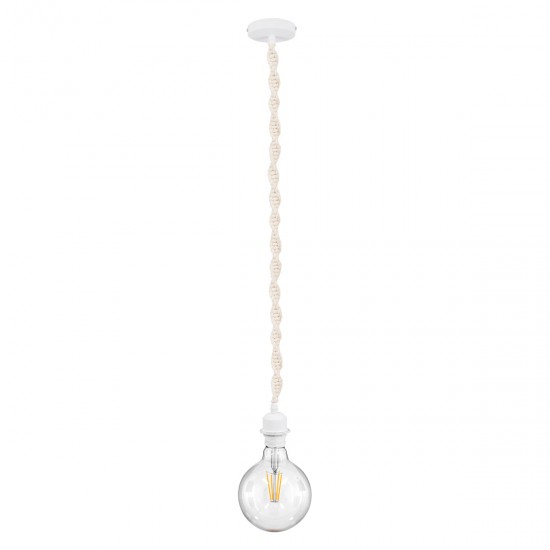 GloboStar® 36215 SHAQRA Κρεμαστό Φωτιστικό Οροφής Ανάρτηση Boho - Μακραμέ Πλεκτό Χειροποίητο με Λευκό Ντουί 1 x E27 για Τοποθέτηση Καπέλων Φωτιστικών Μονόφωτο Μπεζ Υφασμάτινο με Σχοινί Φ4 x Y110cm