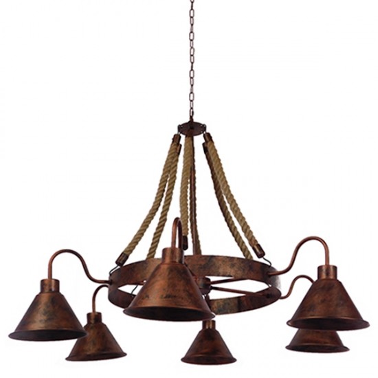 GloboStar® CAMELOT 10001191 Vintage Κρεμαστό Φωτιστικό Οροφής Πολύφωτο 6 x E27 Καφέ Σκουριά Μεταλλικό Πολυέλαιος με Μπεζ Σχοινί Φ92 x Y118cm
