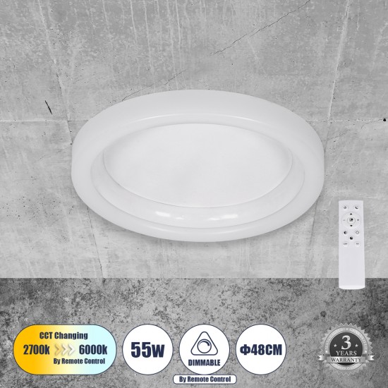 GloboStar® ARIANA 61035 Πλαφονιέρα Οροφής Κύκλος LED CCT 55W 6376lm 120° AC 220-240V - Εναλλαγή Φωτισμού μέσω Τηλεχειριστηρίου All In One Ψυχρό Λευκό 6000k+Φυσικό Λευκό 4500k+Θερμό Λευκό 2700k Dimmable Φ48cm - Λευκό - 3 Years Warranty