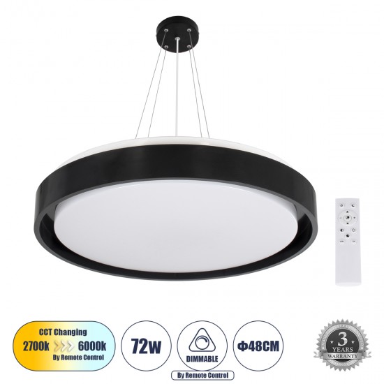 GloboStar® BARCHETTA 61046-P Κρεμαστή Πλαφονιέρα Οροφής LED CCT 72W 8306lm 120° AC 220-240V - Εναλλαγή Φωτισμού μέσω Τηλεχειριστηρίου All In One Ψυχρό 6000k+Φυσικό 4500k+Θερμό 2700k Dimmable Φ48cm - Μαύρο - 3 Years Warranty