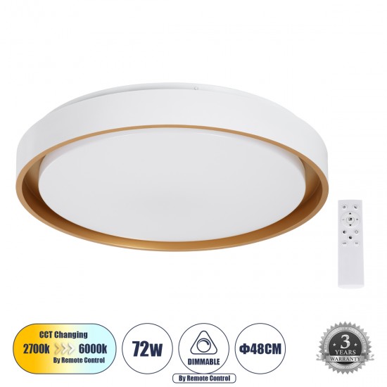 GloboStar® BARCHETTA 61048-S Πλαφονιέρα Οροφής LED CCT 72W 8306lm 120° AC 220-240V - Εναλλαγή Φωτισμού μέσω Τηλεχειριστηρίου All In One Ψυχρό 6000k+Φυσικό 4500k+Θερμό 2700k Dimmable Φ48cm - Λευκό με Χρυσό - 3 Years Warranty