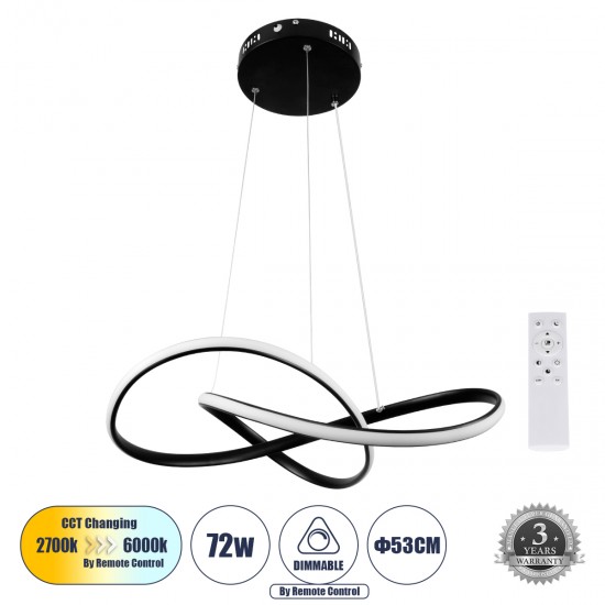 GloboStar® DEXTER 61049 Κρεμαστό Φωτιστικό Οροφής Design LED CCT 72W 8064lm 300° AC 220-240V - Εναλλαγή Φωτισμού μέσω Τηλεχειριστηρίου All In One Ψυχρό 6000k+Φυσικό 4500k+Θερμό 2700k Dimmable Φ56cm - Μαύρο - 3 Years Warranty