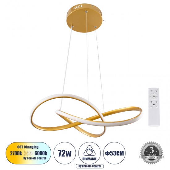 GloboStar® DEXTER 61051 Κρεμαστό Φωτιστικό Οροφής Design LED CCT 72W 8064lm 300° AC 220-240V - Εναλλαγή Φωτισμού μέσω Τηλεχειριστηρίου All In One Ψυχρό 6000k+Φυσικό 4500k+Θερμό 2700k Dimmable Φ56cm - Χρυσό Βούρτσας - 3 Years Warranty