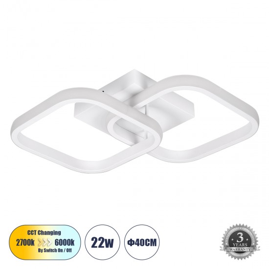 GloboStar® NORA 61062 Φωτιστικό Οροφής Design LED CCT 22W 2640lm 300° AC 220-240V - Εναλλαγή Φωτισμού μέσω Διακόπτη On/Off All In One Ψυχρό 6000k+Φυσικό 4500k+Θερμό 2700k Μ40 x Π24 x Υ7cm - Λευκό