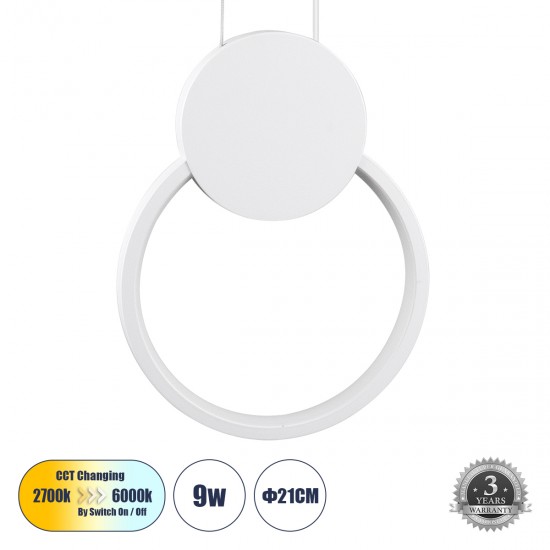 GloboStar® CYCLOS 61074 Κρεμαστό Φωτιστικό Οροφής Design LED CCT 9W 1080lm 300° AC 220-240V - Εναλλαγή Φωτισμού μέσω Διακόπτη On/Off All In One Ψυχρό 6000k+Φυσικό 4500k+Θερμό 2700k Μ21 x Π2.3 x Υ26.5cm - Λευκό