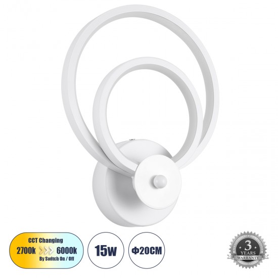 GloboStar® FREDDIE 61077 Φωτιστικό Τοίχου - Απλίκα Design LED CCT 15W 1800lm 300° AC 220-240V - Εναλλαγή Φωτισμού μέσω Διακόπτη On/Off All In One Ψυχρό 6000k+Φυσικό 4500k+Θερμό 2700k Μ20 x Π7.5 x Υ25cm - Λευκό