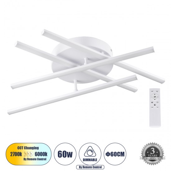 GloboStar® DRACO 61096 Φωτιστικό Οροφής Γραμμικό Linear Design LED CCT 60W 7380lm 120° AC 220-240V - Εναλλαγή Φωτισμού μέσω Τηλεχειριστηρίου All In One Ψυχρό 6000k+Φυσικό 4500k+Θερμό 2700k Dimmable Φ60 x Υ11cm - Λευκό - 3 Years Warranty