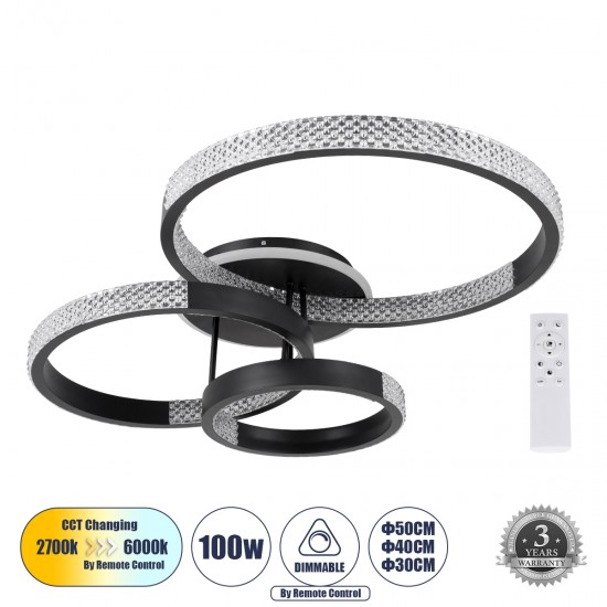 GloboStar® DIAMOND 61114 Φωτιστικό Οροφής Δαχτυλίδι-Κύκλος LED CCT 100W 12123lm 360° AC 220-240V - Εναλλαγή Φωτισμού μέσω Τηλεχειριστηρίου All In One Ψυχρό 6000k+Φυσικό 4500k+Θερμό 2700k Dimmable Φ30+40+50cm+BackLight - Μαύρο - 3 Years Warranty