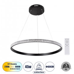 GloboStar® DIAMOND 61130 Κρεμαστό Φωτιστικό Δαχτυλίδι-Κύκλος LED CCT 45W 5230lm 360° AC 220-240V - Εναλλαγή Φωτισμού μέσω Τηλεχειριστηρίου All In One Ψυχρό 6000k+Φυσικό 4500k+Θερμό 2700k Dimmable Φ60cm - Μαύρο - 3 Years Warranty