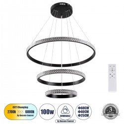 GloboStar® DIAMOND TRIO 61136 Κρεμαστό Φωτιστικό Δαχτυλίδι-Κύκλος LED CCT 100W 12123lm 360° AC 220-240V - Εναλλαγή Φωτισμού μέσω Τηλεχειριστηρίου All In One Ψυχρό 6000k+Φυσικό 4500k+Θερμό 2700k Dimmable Φ25+40+60cm - Μαύρο - 3 Years Warranty
