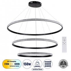 GloboStar® DIAMOND TRIO 61140 Κρεμαστό Φωτιστικό Δαχτυλίδι-Κύκλος LED CCT 150W 18379lm 360° AC 220-240V - Εναλλαγή Φωτισμού μέσω Τηλεχειριστηρίου All In One Ψυχρό 6000k+Φυσικό 4500k+Θερμό 2700k Dimmable Φ60+80+100cm - Μαύρο - 3 Years Warranty