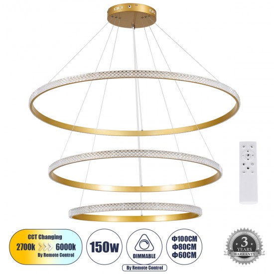 GloboStar® DIAMOND TRIO 61141 Κρεμαστό Φωτιστικό Δαχτυλίδι-Κύκλος LED CCT 150W 18379lm 360° AC 220-240V - Εναλλαγή Φωτισμού μέσω Τηλεχειριστηρίου All In One Ψυχρό 6000k+Φυσικό 4500k+Θερμό 2700k Dimmable Φ60+80+100cm - Χρυσό Βούρτσας - 3 Years Warranty
