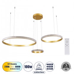 GloboStar® DIAMOND TRIO 61143 Κρεμαστό Φωτιστικό Δαχτυλίδι-Κύκλος LED CCT 100W 12123lm 360° AC 220-240V - Εναλλαγή Φωτισμού μέσω Τηλεχειριστηρίου All In One Ψυχρό 6000k+Φυσικό 4500k+Θερμό 2700k Dimmable Φ25+40+60cm - Χρυσό Βούρτσας - 3 Years Warranty
