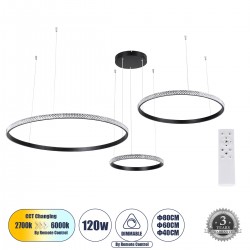 GloboStar® DIAMOND TRIO 61144 Κρεμαστό Φωτιστικό Δαχτυλίδι-Κύκλος LED CCT 120W 14723lm 360° AC 220-240V - Εναλλαγή Φωτισμού μέσω Τηλεχειριστηρίου All In One Ψυχρό 6000k+Φυσικό 4500k+Θερμό 2700k Dimmable Φ40+60+80cm - Μαύρο - 3 Years Warranty