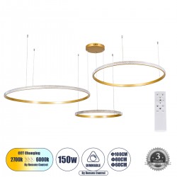 GloboStar® DIAMOND TRIO 61147 Κρεμαστό Φωτιστικό Δαχτυλίδι-Κύκλος LED CCT 150W 18379lm 360° AC 220-240V - Εναλλαγή Φωτισμού μέσω Τηλεχειριστηρίου All In One Ψυχρό 6000k+Φυσικό 4500k+Θερμό 2700k Dimmable Φ60+80+100cm - Χρυσό Βούρτσας - 3 Years Warranty
