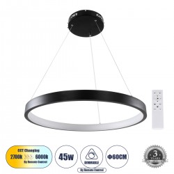 GloboStar® NEMESIS 61158 Κρεμαστό Φωτιστικό Δαχτυλίδι-Κύκλος LED CCT 45W 5230lm 360° AC 220-240V - Εναλλαγή Φωτισμού μέσω Τηλεχειριστηρίου All In One Ψυχρό 6000k+Φυσικό 4500k+Θερμό 2700k Dimmable Φ60cm - Μαύρο - 3 Years Warranty