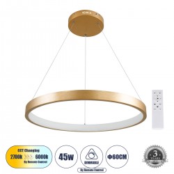 GloboStar® NEMESIS 61160 Κρεμαστό Φωτιστικό Δαχτυλίδι-Κύκλος LED CCT 45W 5230lm 360° AC 220-240V - Εναλλαγή Φωτισμού μέσω Τηλεχειριστηρίου All In One Ψυχρό 6000k+Φυσικό 4500k+Θερμό 2700k Dimmable Φ60cm - Χρυσό Βούρτσας - 3 Years Warranty
