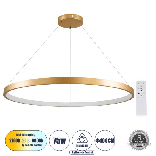 GloboStar® NEMESIS 61166 Κρεμαστό Φωτιστικό Δαχτυλίδι-Κύκλος LED CCT 75W 8743lm 360° AC 220-240V - Εναλλαγή Φωτισμού μέσω Τηλεχειριστηρίου All In One Ψυχρό 6000k+Φυσικό 4500k+Θερμό 2700k Dimmable Φ100cm - Χρυσό Βούρτσας - 3 Years Warranty