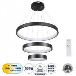 GloboStar® NEMESIS TRIO 61167 Κρεμαστό Φωτιστικό Δαχτυλίδι-Κύκλος LED CCT 100W 12123lm 360° AC 220-240V - Εναλλαγή Φωτισμού μέσω Τηλεχειριστηρίου All In One Ψυχρό 6000k+Φυσικό 4500k+Θερμό 2700k Dimmable Φ25+40+60cm - Μαύρο - 3 Years Warranty