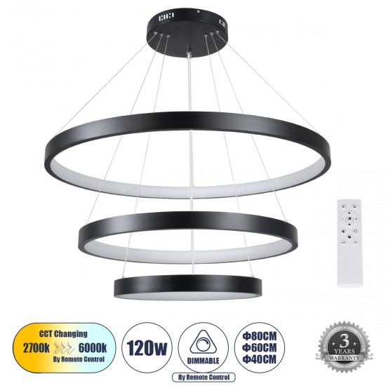 GloboStar® NEMESIS TRIO 61170 Κρεμαστό Φωτιστικό Δαχτυλίδι-Κύκλος LED CCT 120W 14723lm 360° AC 220-240V - Εναλλαγή Φωτισμού μέσω Τηλεχειριστηρίου All In One Ψυχρό 6000k+Φυσικό 4500k+Θερμό 2700k Dimmable Φ40+60+80cm - Μαύρο - 3 Years Warranty