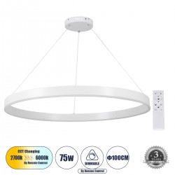 GloboStar® VENOM 61183 Κρεμαστό Φωτιστικό Δαχτυλίδι-Κύκλος LED CCT 75W 8818lm 120° AC 220-240V - Εναλλαγή Φωτισμού μέσω Τηλεχειριστηρίου All In One Ψυχρό 6000K+Φυσικό 4500K+Θερμό 2700K Dimmable Φ100cm - Λευκό - 3 Years Warranty