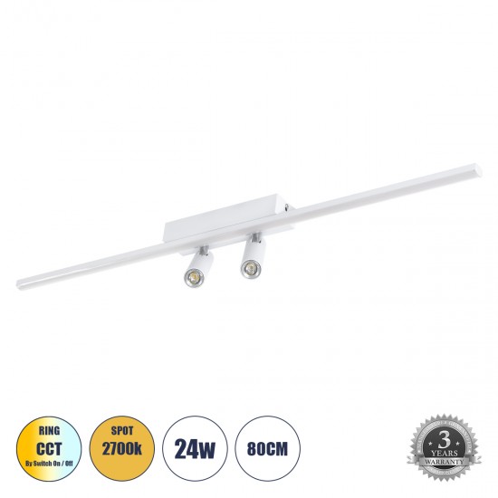 GLOBOSTAR® BARETTI 61227 Φωτιστικό Οροφής Linear Design LED CCT με Κινούμενα Σποτ LED Downlight 24W 2688lm 160° & 45° AC 220-240V IP20  - Εναλλαγή Φωτισμού μέσω Διακόπτη On/Off All In One Ψυχρό 6000k+Φυσικό 4500k+Θερμό 2700k Dimmable - Μ80 x Π5.5 x Υ5