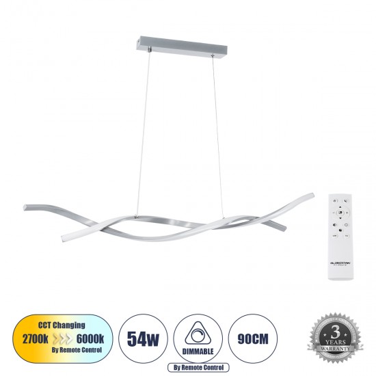 GloboStar® MORALES 61277 Κρεμαστό Φωτιστικό Οροφής Design LED CCT 54W 6048lm 200° AC 220-240V - Εναλλαγή Φωτισμού μέσω Τηλεχειριστηρίου All In One Ψυχρό 6000k+Φυσικό 4500k+Θερμό 2700K Dimmable Μ90 x Π14 x Υ14cm - Ασημί Βούρτσας - 3 Χρόνια Εγγύηση