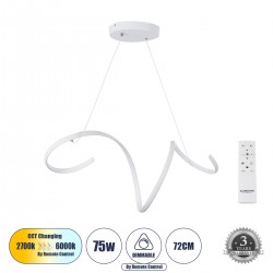 GloboStar® SPIRALE 61284 Κρεμαστό Φωτιστικό Οροφής Design LED CCT 75W 8400lm 300° AC 220-240V - Εναλλαγή Φωτισμού μέσω Τηλεχειριστηρίου All In One Ψυχρό 6000k+Φυσικό 4500k+Θερμό 2700k Dimmable Μ72 x Π25 x Υ30cm - Λευκό - 3 Years Warranty