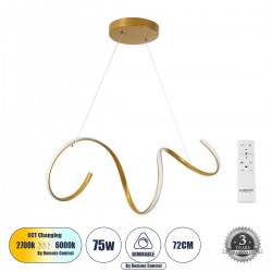 GloboStar® SPIRALE 61286 Κρεμαστό Φωτιστικό Οροφής Design LED CCT 75W 8400lm 300° AC 220-240V - Εναλλαγή Φωτισμού μέσω Τηλεχειριστηρίου All In One Ψυχρό 6000k+Φυσικό 4500k+Θερμό 2700k Dimmable Μ72 x Π25 x Υ30cm - Χρυσό Βούρτσας - 3 Years Warranty