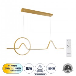 GloboStar® WINDY 61293 Κρεμαστό Φωτιστικό Οροφής Design LED CCT 67W 7504lm 300° AC 220-240V - Εναλλαγή Φωτισμού μέσω Τηλεχειριστηρίου All In One Ψυχρό 6000k+Φυσικό 4500k+Θερμό 2700k Dimmable Μ120 x Π4 x Υ30cm - Χρυσό Βούρτσας - 3 Years Warranty