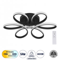 GloboStar® MARGARET 61400 Φωτιστικό Οροφής Design LED CCT 54W 6210lm 360° AC 220-240V - Εναλλαγή Φωτισμού μέσω Τηλεχειριστηρίου All In One Ψυχρό 6000k+Φυσικό 4500k+Θερμό 2700k Dimmable Φ57 x Υ12cm - Μαύρο - 3 Years Warranty