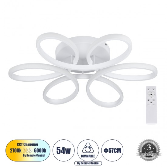GloboStar® MARGARET 61401 Φωτιστικό Οροφής Design LED CCT 54W 6210lm 360° AC 220-240V - Εναλλαγή Φωτισμού μέσω Τηλεχειριστηρίου All In One Ψυχρό 6000k+Φυσικό 4500k+Θερμό 2700k Dimmable Φ57 x Υ12cm - Λευκό - 3 Years Warranty