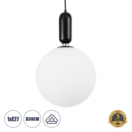 GloboStar® ESTETICO 61496 Μοντέρνο Κρεμαστό Φωτιστικό Οροφής Μονόφωτο 1 x E27 Γαλακτερή Γυάλινη Μπάλα με Μεταλλικό Μαύρο Ματ Σώμα Φ30 x Υ48cm