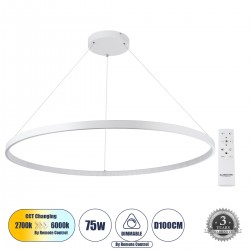 GloboStar® DIAMOND 61518 Κρεμαστό Φωτιστικό Δαχτυλίδι-Κύκλος LED CCT 75W 8400lm 360° AC 220-240V - Εναλλαγή Φωτισμού μέσω Τηλεχειριστηρίου All In One Ψυχρό 6000k+Φυσικό 4500k+Θερμό 2700k Dimmable Φ100cm - Λευκό - 3 Years Warranty