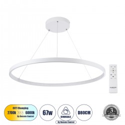 GloboStar® DIAMOND 61521 Κρεμαστό Φωτιστικό Δαχτυλίδι-Κύκλος LED CCT 67W 7504lm 360° AC 220-240V - Εναλλαγή Φωτισμού μέσω Τηλεχειριστηρίου All In One Ψυχρό 6000k+Φυσικό 4500k+Θερμό 2700k Dimmable Φ80cm - Λευκό - 3 Years Warranty