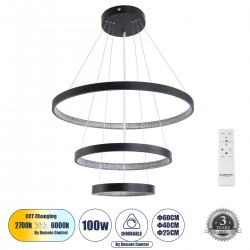 GloboStar® DIAMOND TRIO 61523 Κρεμαστό Φωτιστικό Δαχτυλίδι-Κύκλος LED CCT 100W 11200lm 360° AC 220-240V - Εναλλαγή Φωτισμού μέσω Τηλεχειριστηρίου All In One Ψυχρό 6000k+Φυσικό 4500k+Θερμό 2700k Dimmable Φ25+40+60cm - Μαυρο - 3 Χρόνια Εγγύηση