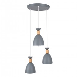 GloboStar® AVA 61574 Μοντέρνο Κρεμαστό Φωτιστικό Οροφής Τρίφωτο 3 x E27 Γκρι Μεταλλικό Καμπάνα με Ξύλινη Λεπτομέρεια Φ35 x Υ130cm