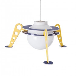 GloboStar® UFO 61581 Μοντέρνο Παιδικό Κρεμαστό Φωτιστικό Οροφής Μονόφωτο 1 x E27 Κίτρινο & Μπλε PVC Φιγούρα Διαστημόπλοιο-Ούφο Φ58 x Υ24cm