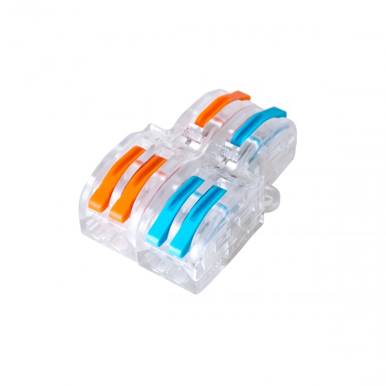 GloboStar® FAST-CONNECT 69909 Διπλή σε Τετραπλή Κλέμα Ταχείας Σύνδεσης & Διακλάδωσης Καλωδίων - 2 x Είσοδοι & 4 x Έξοδοι με Συμβατή Διατομή Καλωδίων 0.08mm² έως 2.5mm² - 250V/4KV 32A Max - Μ2.6 x Π4 x Υ1.5cm - Διάφανο με Πορτοκαλί & Μπλε - Πακ