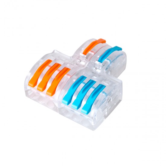 GloboStar® FAST-CONNECT 69910 Διπλή σε Εξαπλή Κλέμα Ταχείας Σύνδεσης & Διακλάδωσης Καλωδίων - 2 x Είσοδοι & 6 x Έξοδοι με Συμβατή Διατομή Καλωδίων 0.08mm² έως 2.5mm² - 250V/4KV 32A Max - Μ3.6 x Π4 x Υ1.5cm - Διάφανο με Πορτοκαλί & Μπλε - Πακέτ